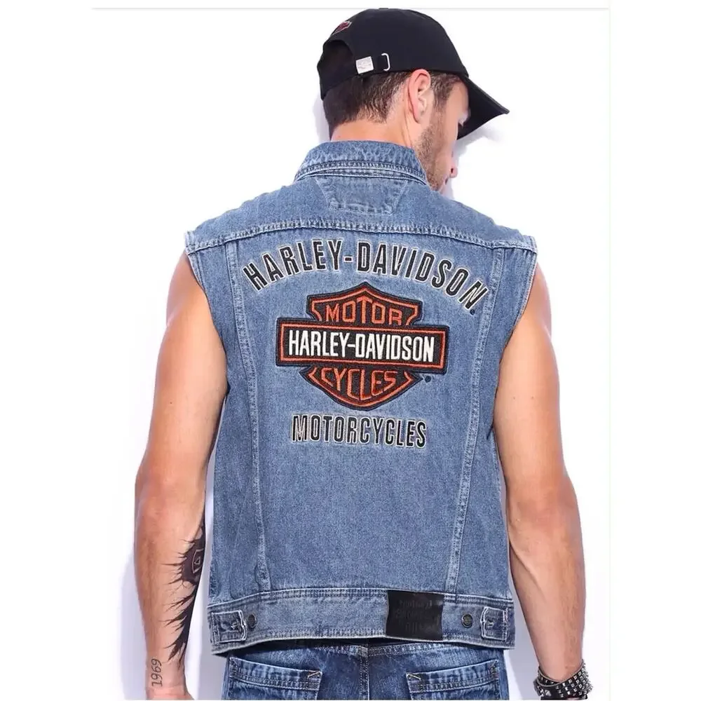 Harley Davidson Motorcycles Embroidered Denim Jean Vest Blue XL